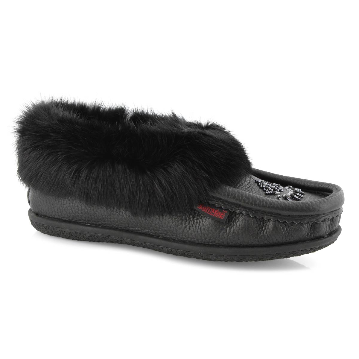 Lds Cute4 black lthr rabbit fur moccasin