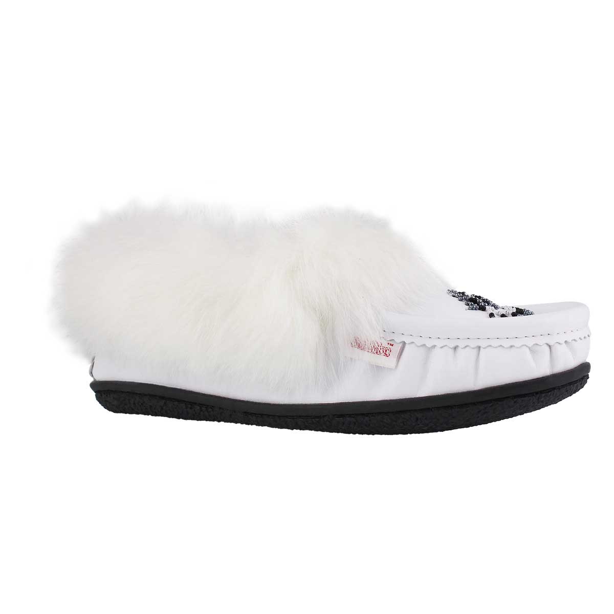 Lds Cute4 white lthr rabbit fur moccasin