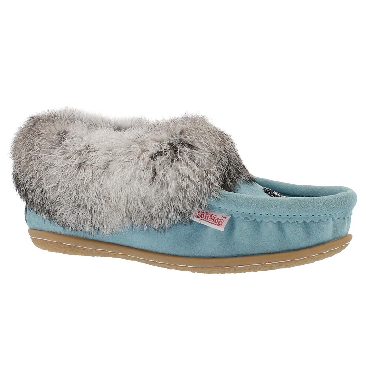 Lds Cute 4 light blu rabbit fur moccasin
