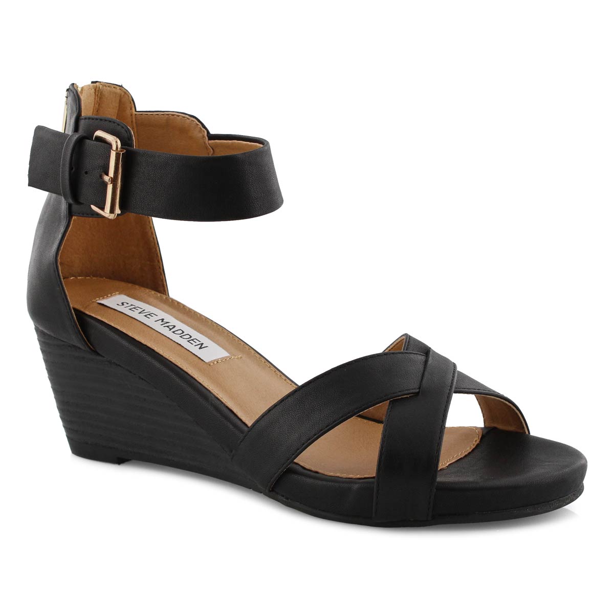 Lds Flyby blk ankle strp dress wdg sndl