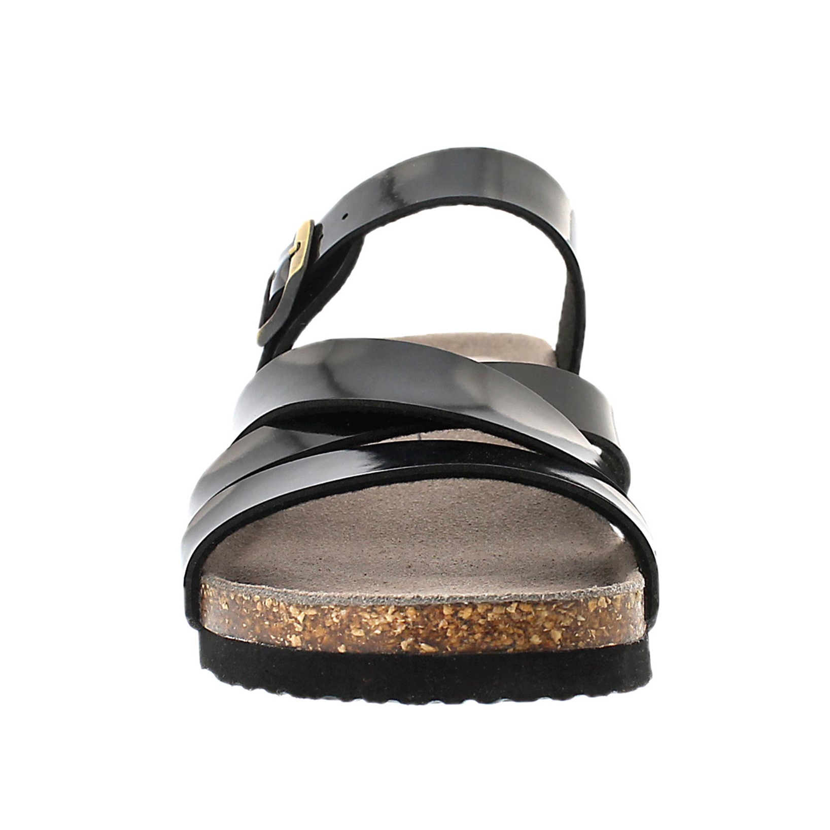 Lds Ginnie blk pat mem. foam wdge sandal