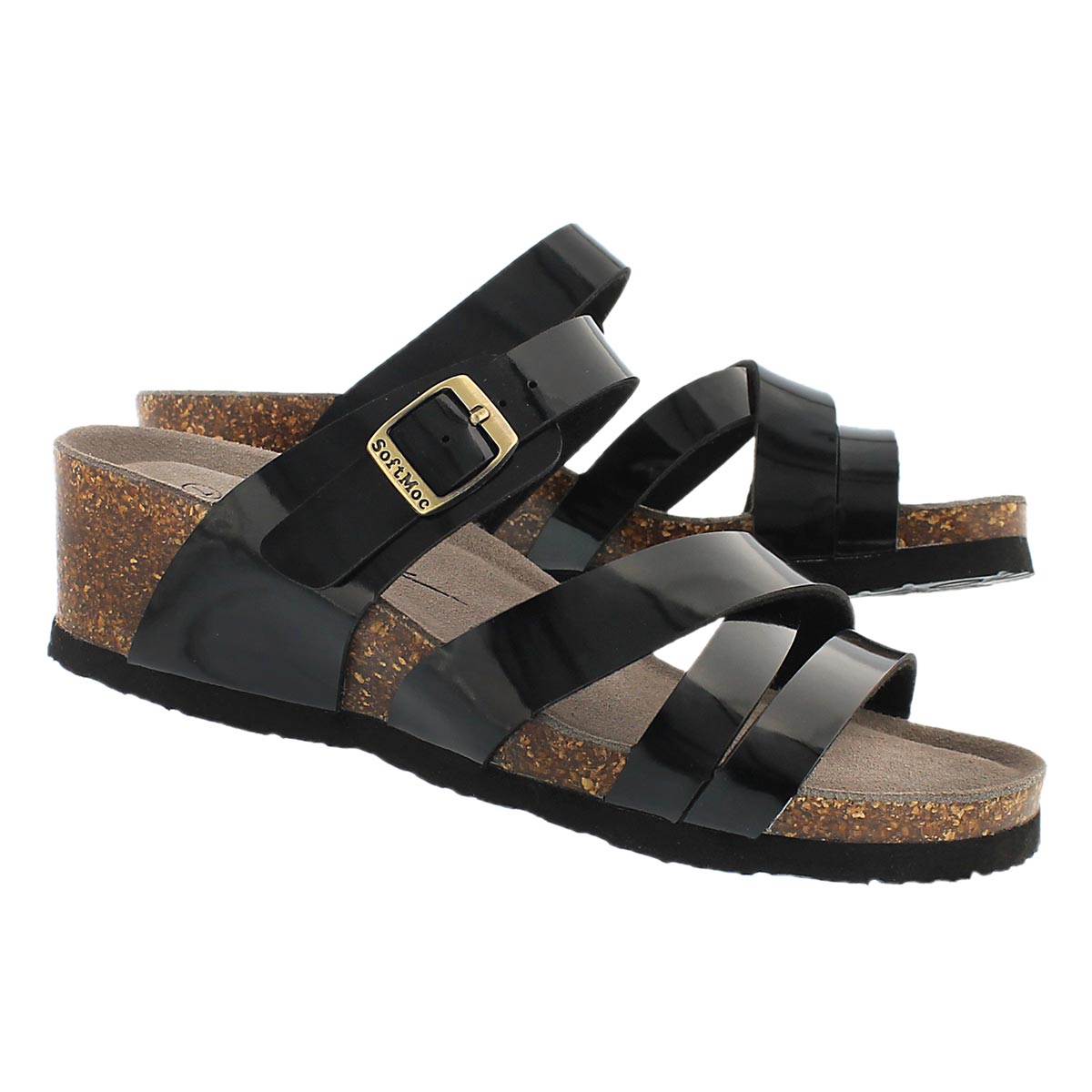 Lds Ginnie blk pat mem. foam wdge sandal
