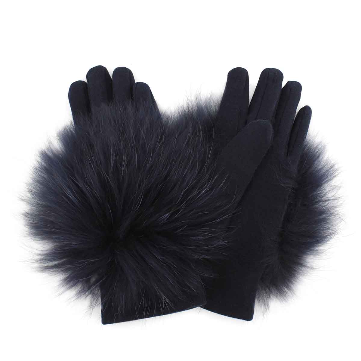 Lds knitted w/ fur piece navy gloves