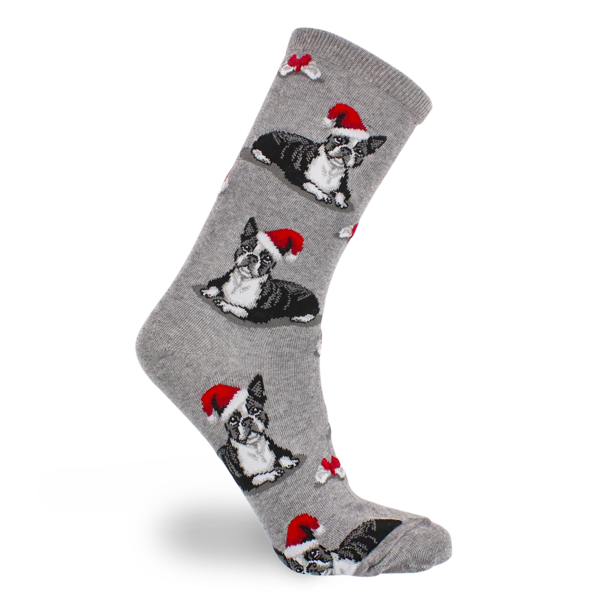 Lds Boston Terrier XMas gry printed sock