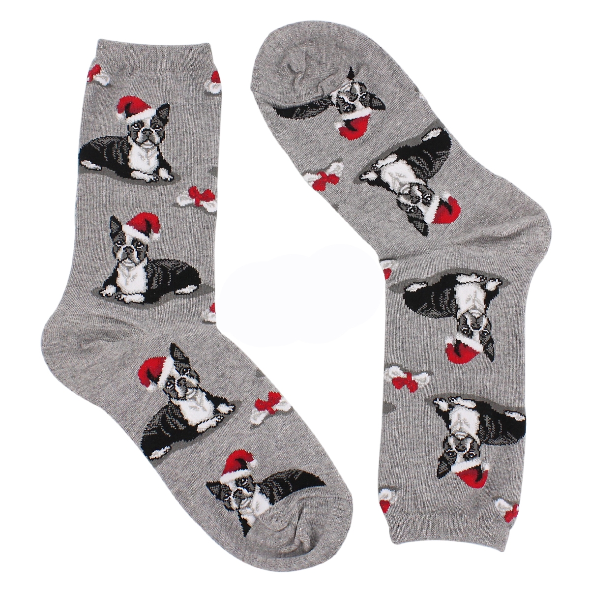 Lds Boston Terrier XMas gry printed sock