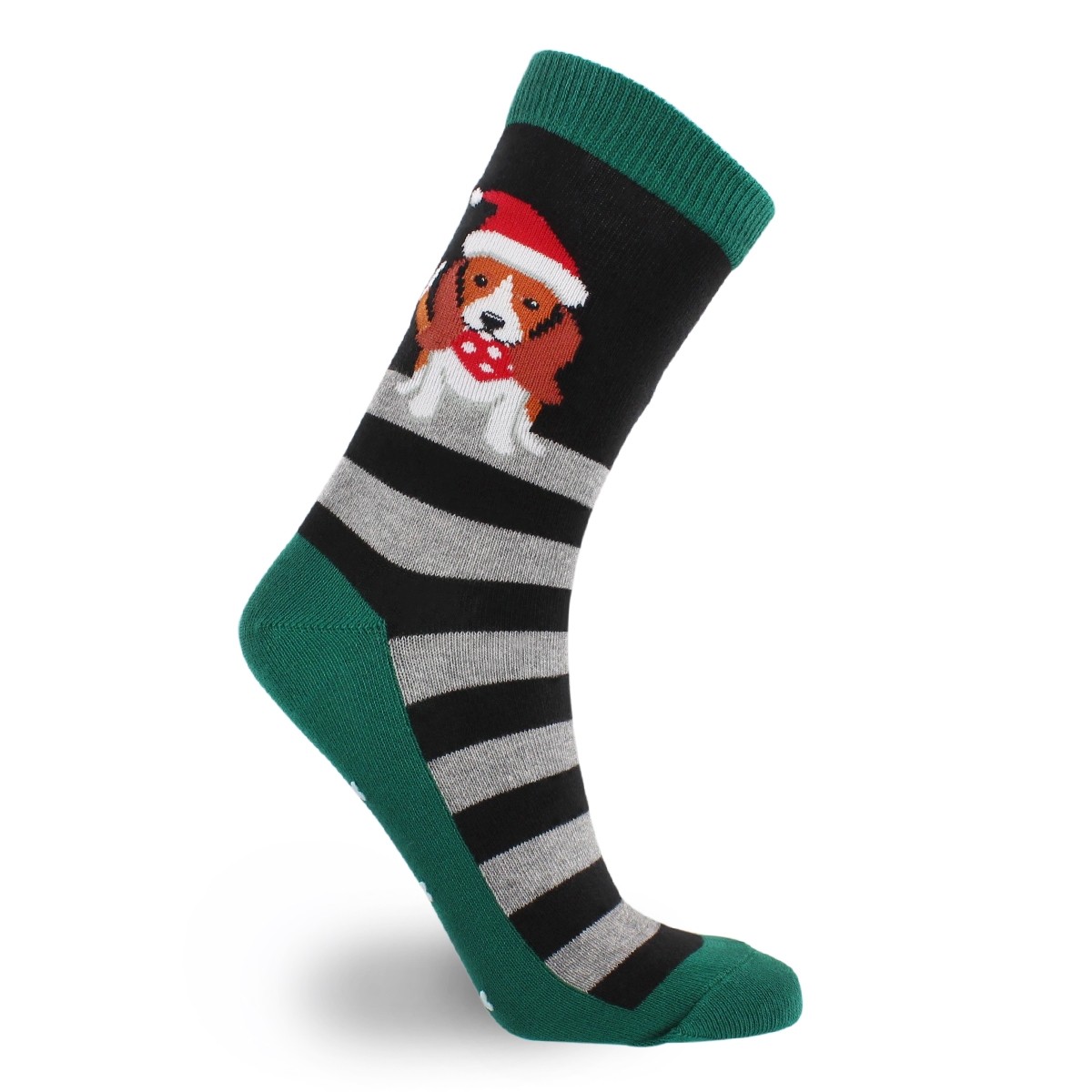 Lds Dog in Santa Hat w Grippers blk sock
