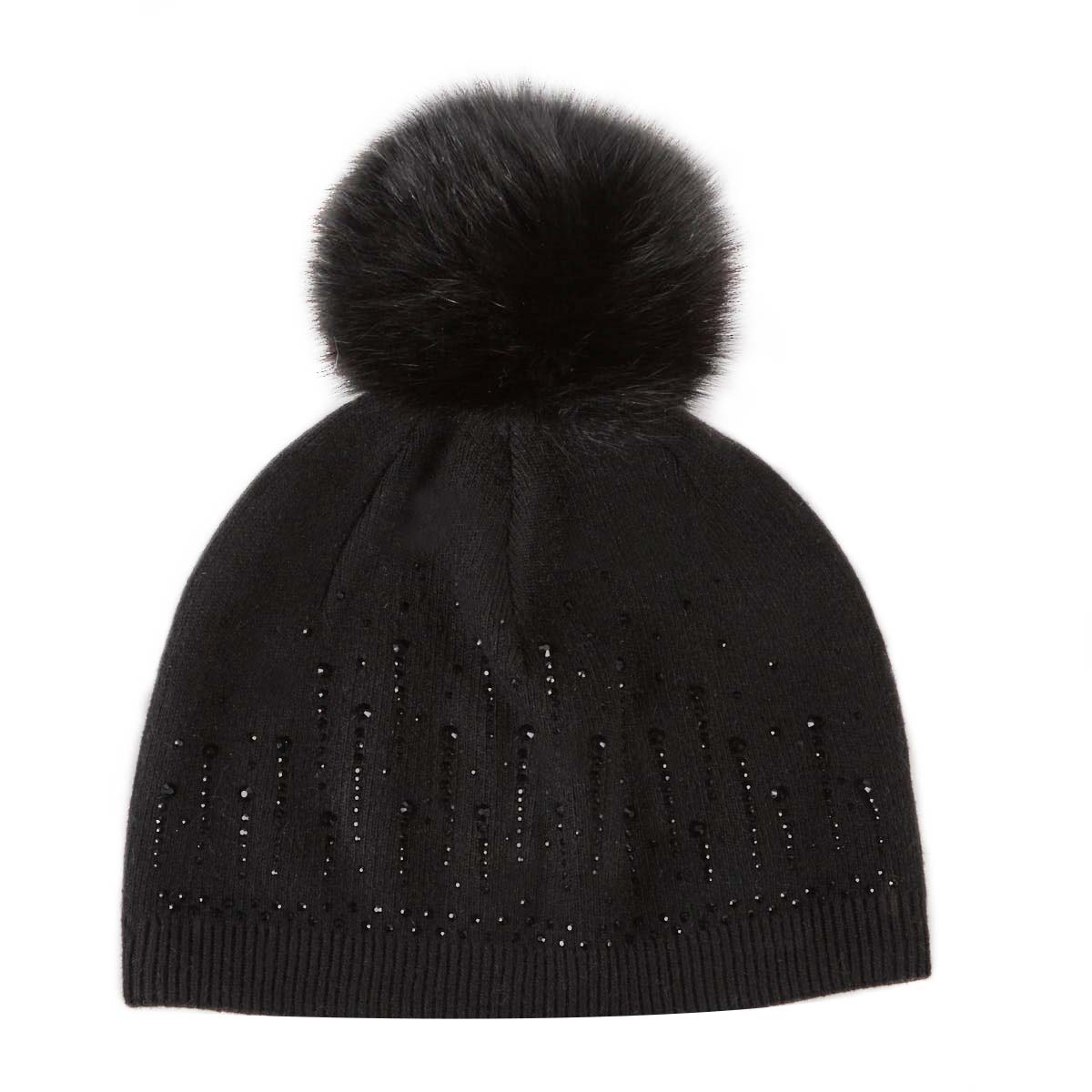 Lds raindrops w/ fur pom black beanie