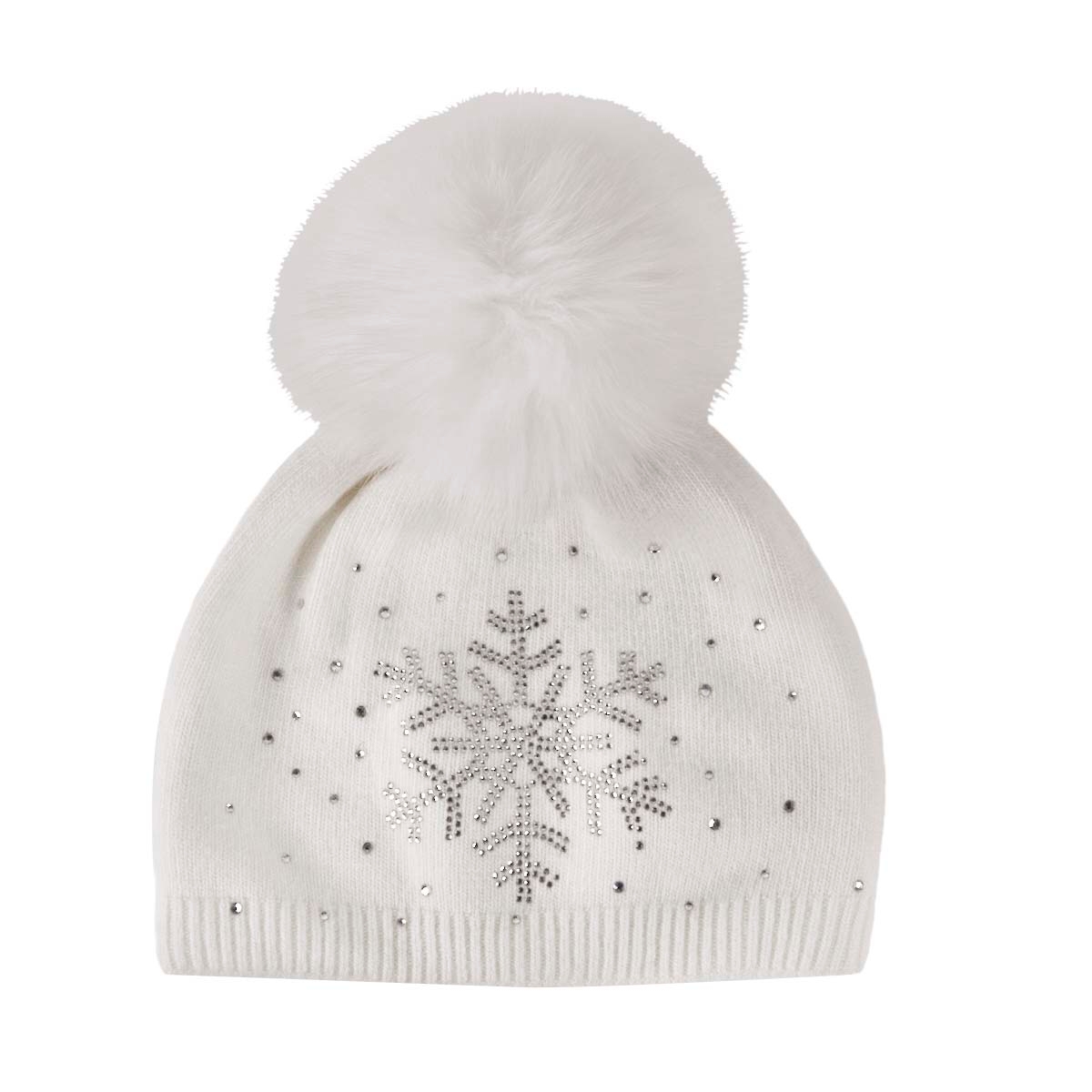 Lds snowflk sprkle w/fur pom ivry beanie