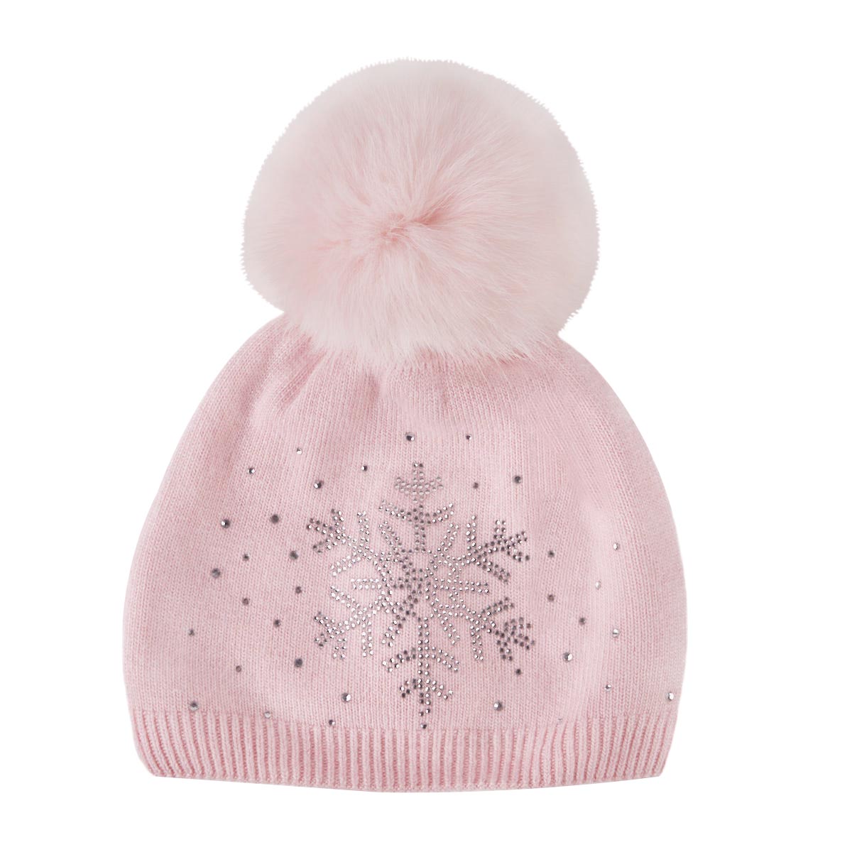 Lds snowflke sprkle w/fur pom pnk beanie