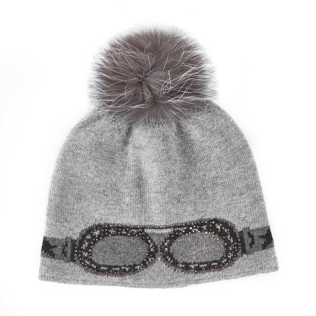 Lds rhnstn sunglss w/fur pom grey beanie