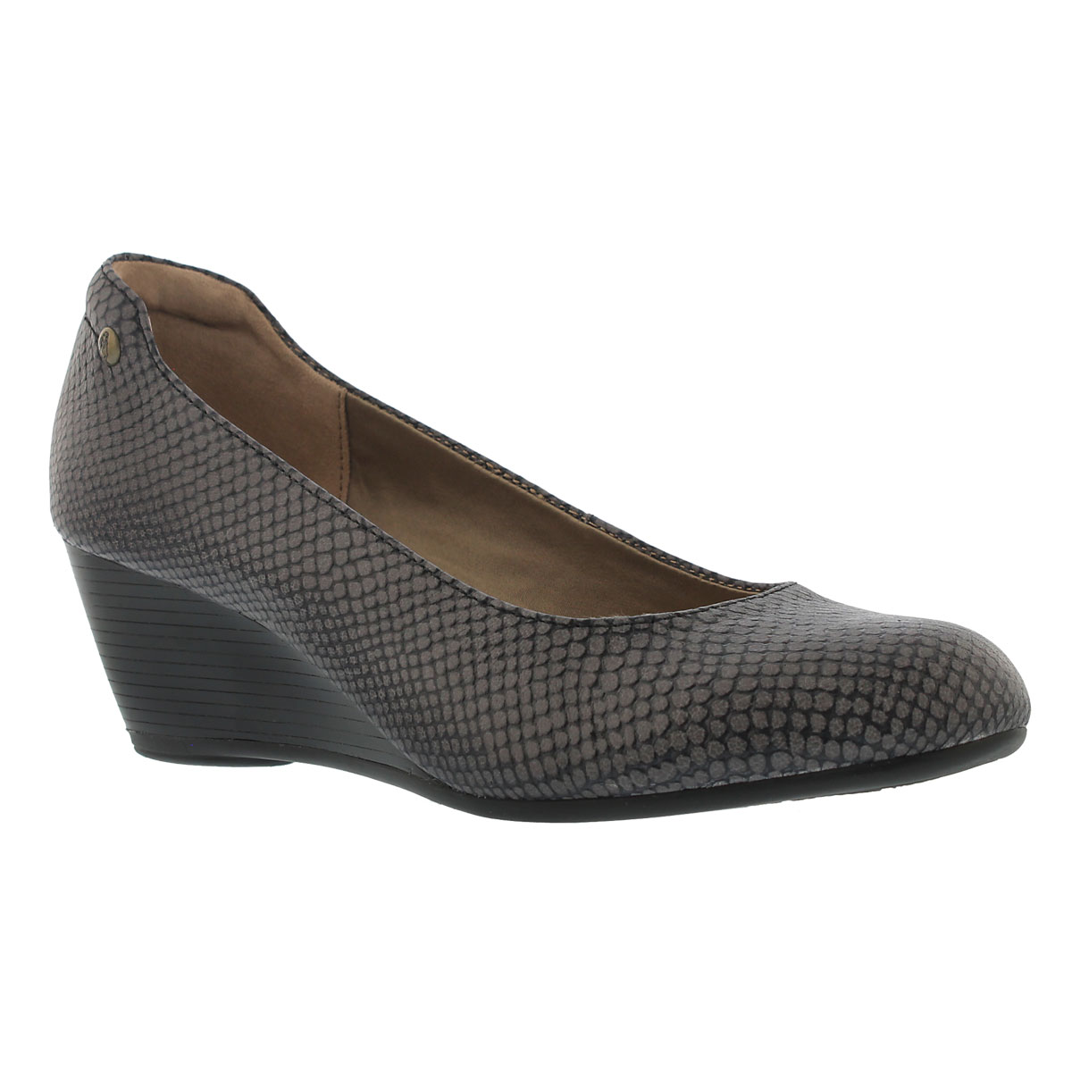 Lds Farah Rhea bk snake lthr dress wedge