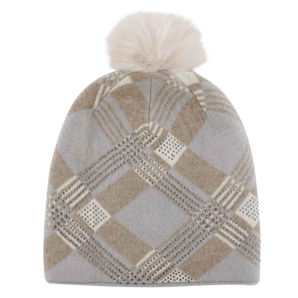 Lds plaid w/ fur pom beige/grey hat