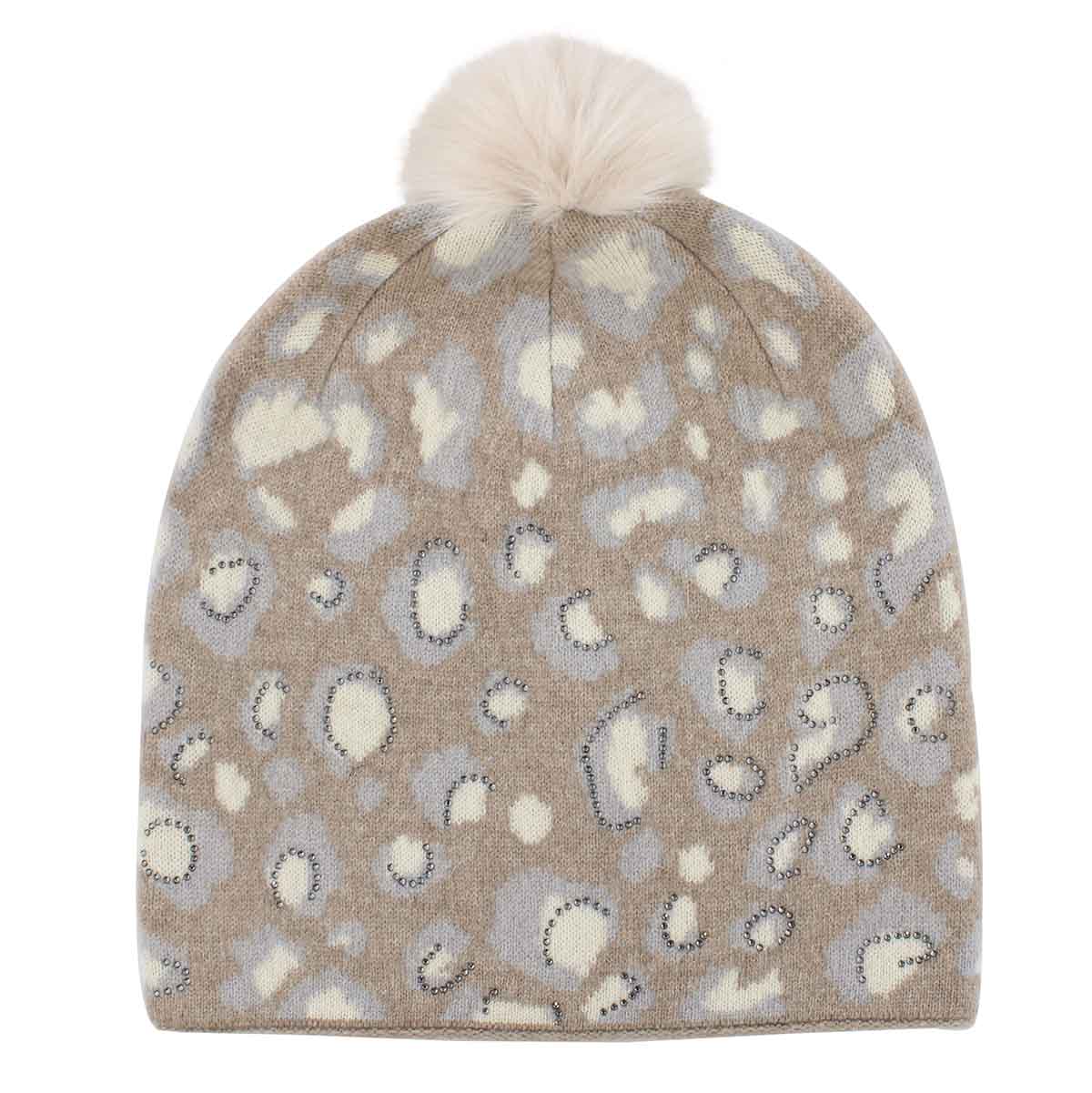 Lds animal prnt w/ fur pom bge/ivory hat