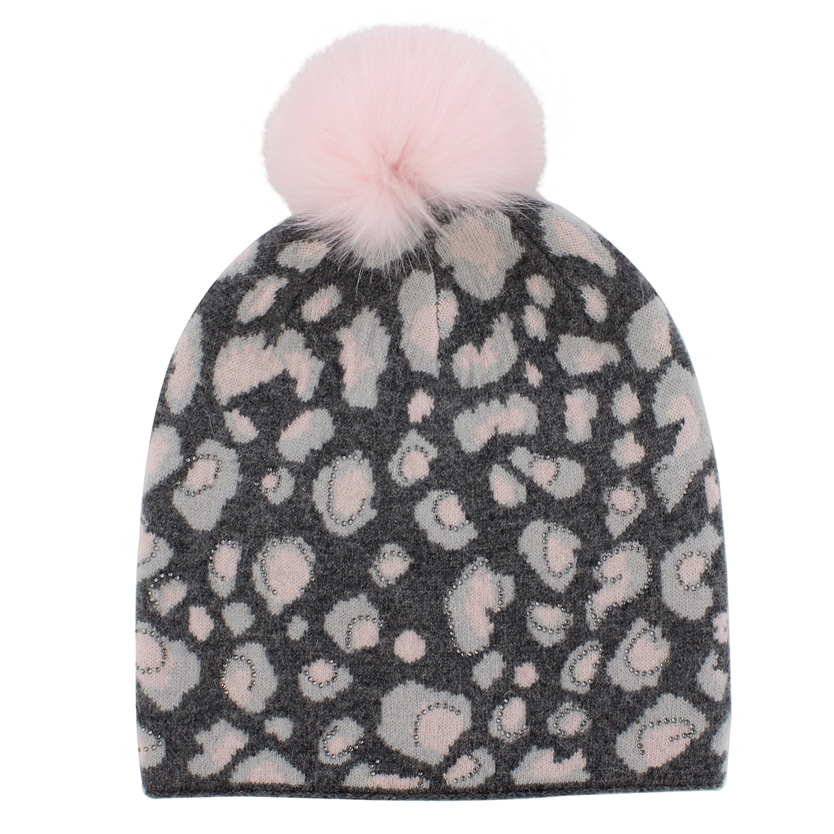 Lds animal prnt w/ fur pom pnk/gry hat