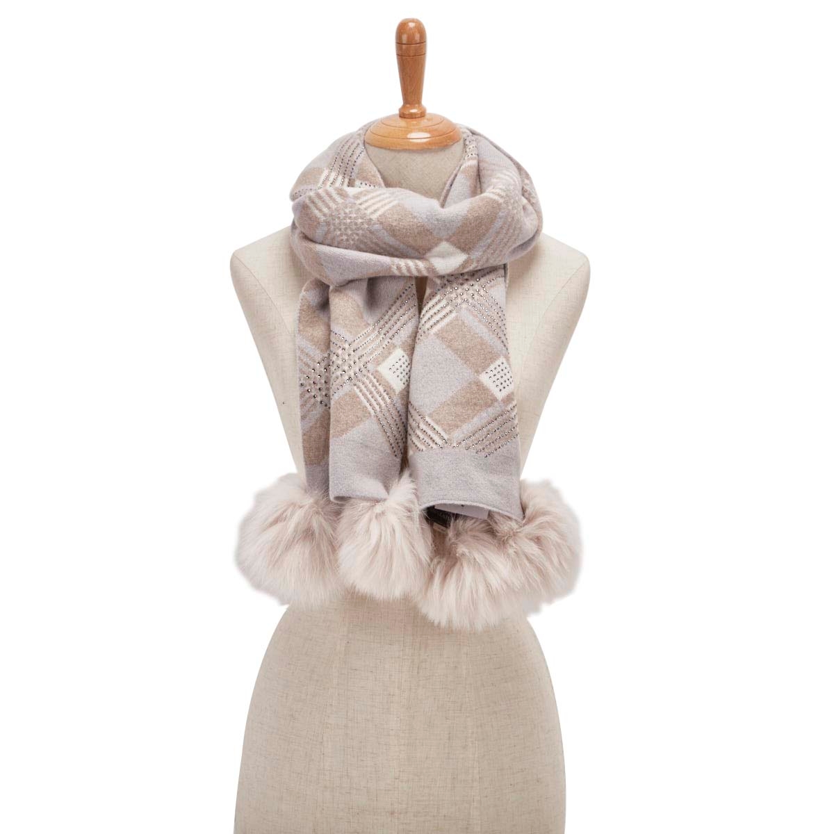 Lds plaid w/ fur pom beige/grey scarf