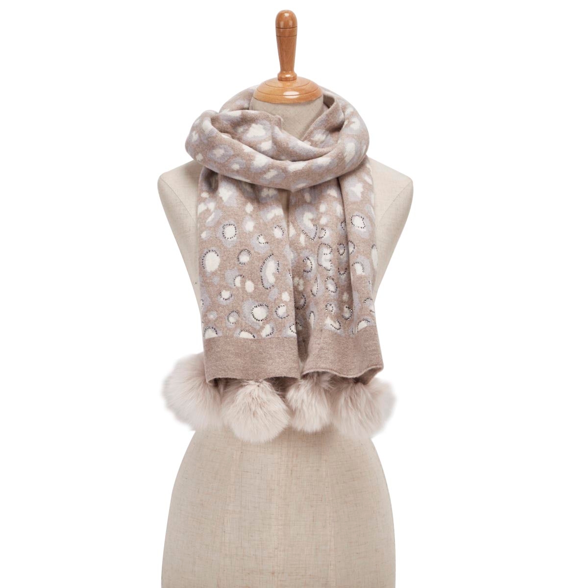 Lds animal prnt w/fur pom bge/ivoy scarf