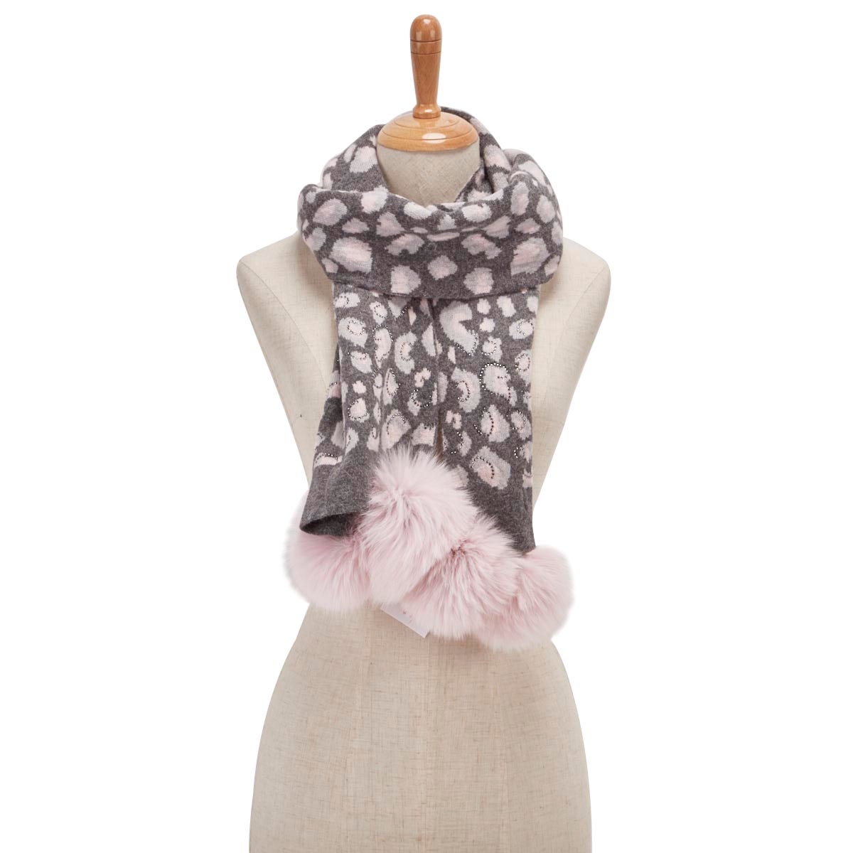 Lds animal prnt w/ fur pom pnk/gry scarf