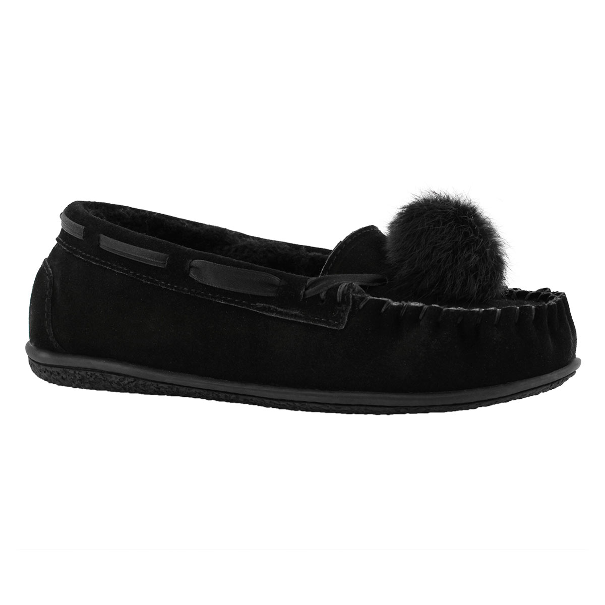 Lds PomPom black suede ballerina moc