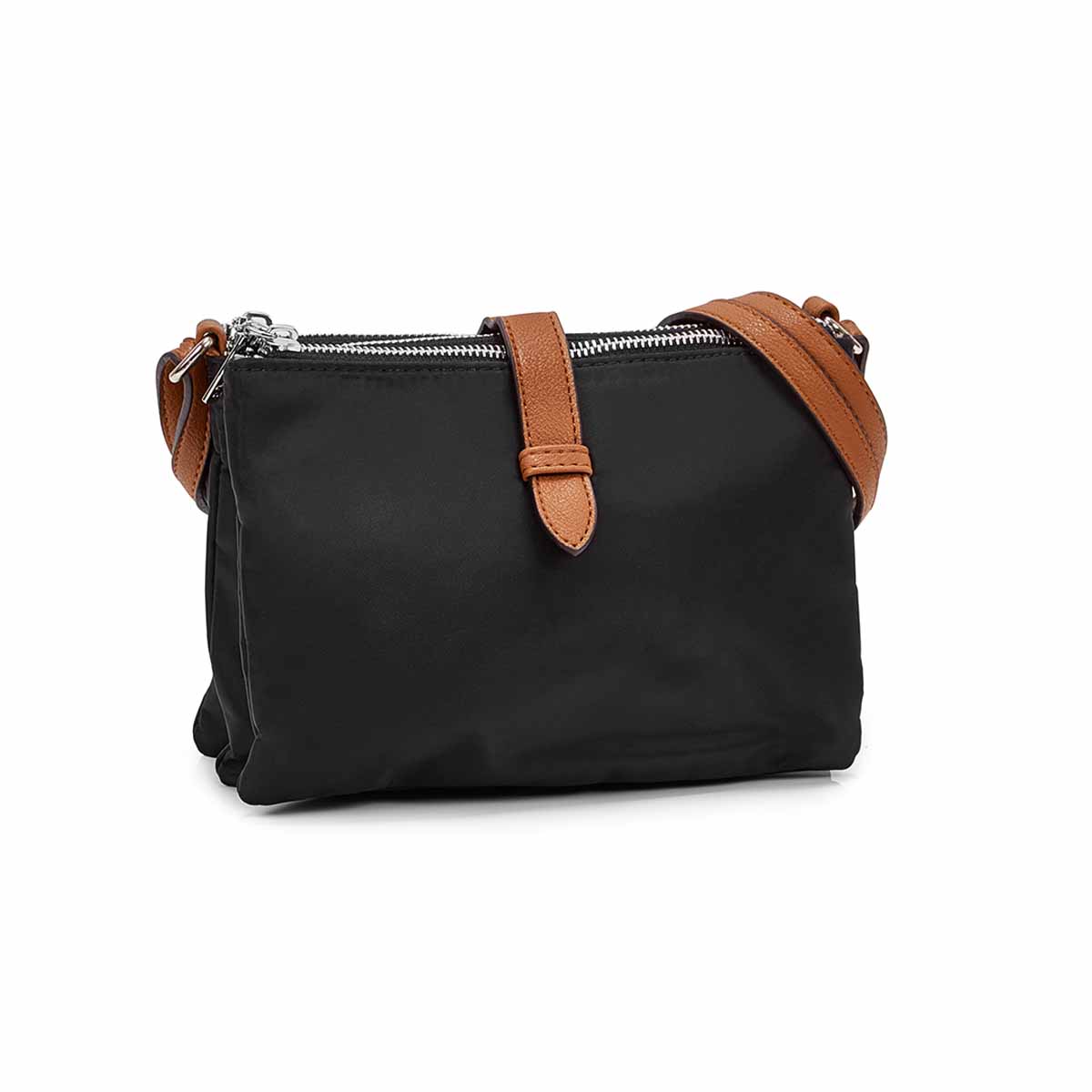 Lds black 3 top zip crossbody bag