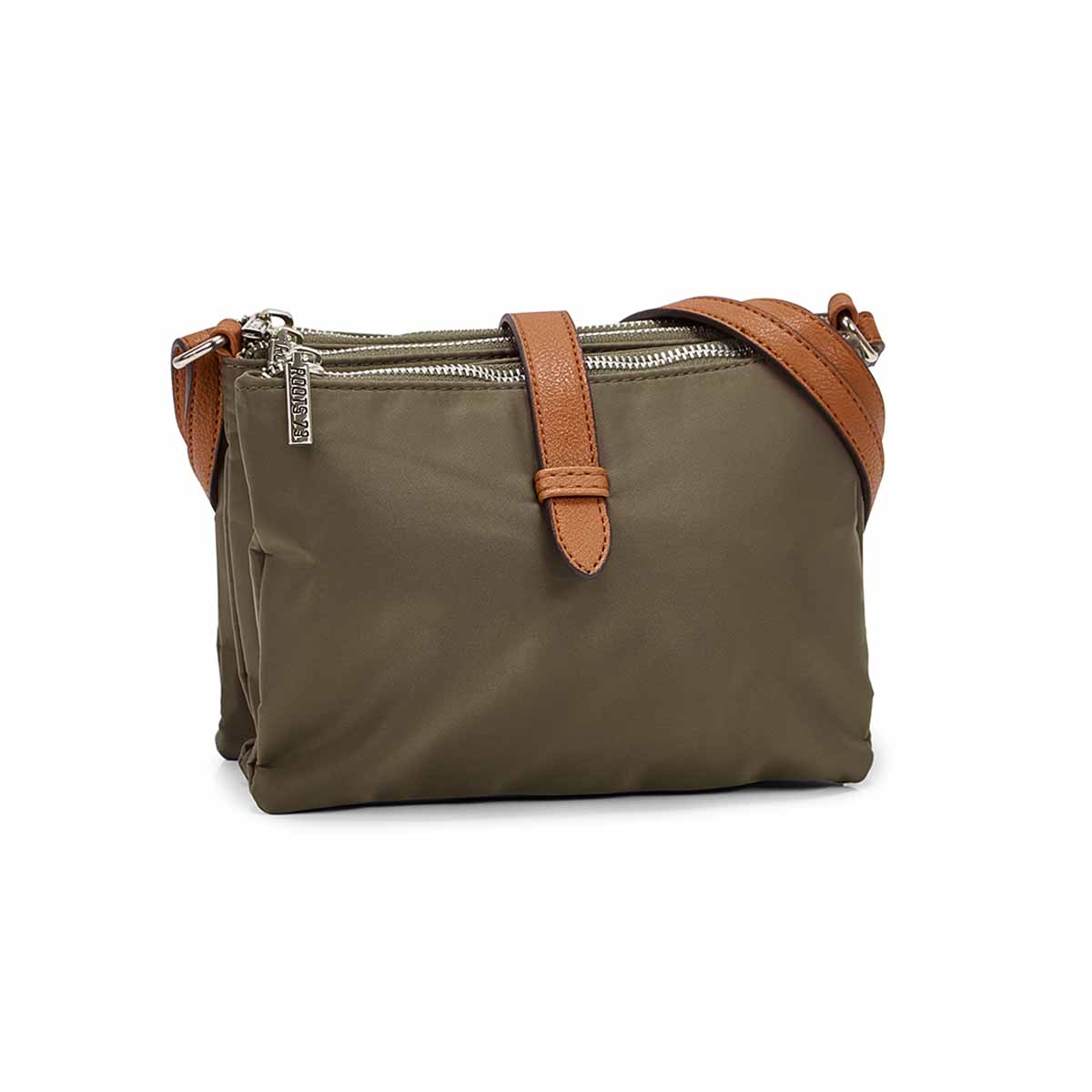 Lds khaki 3 top zip crossbody bag