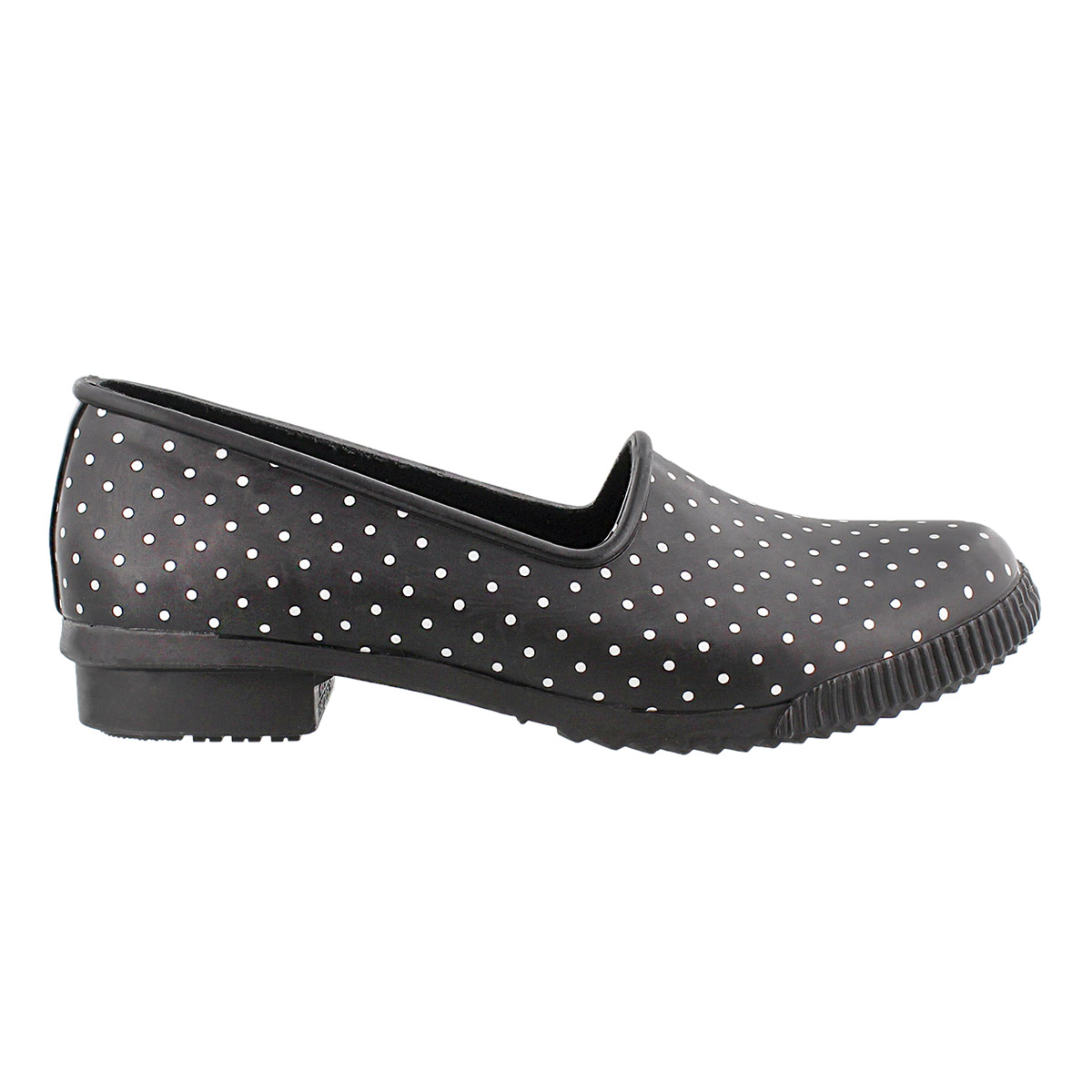 Lds Ruby blk polka dot rubber loafer