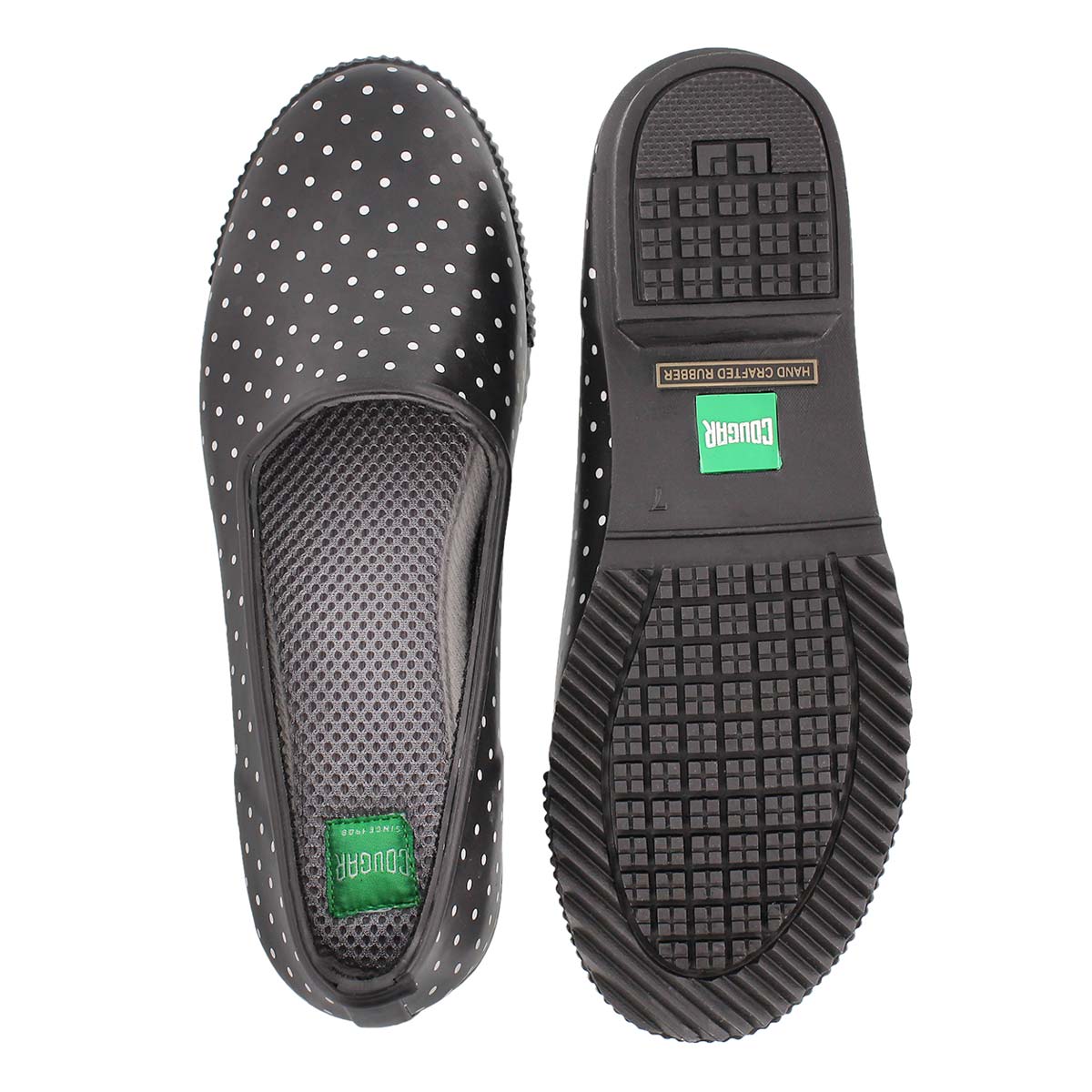 Lds Ruby blk polka dot rubber loafer