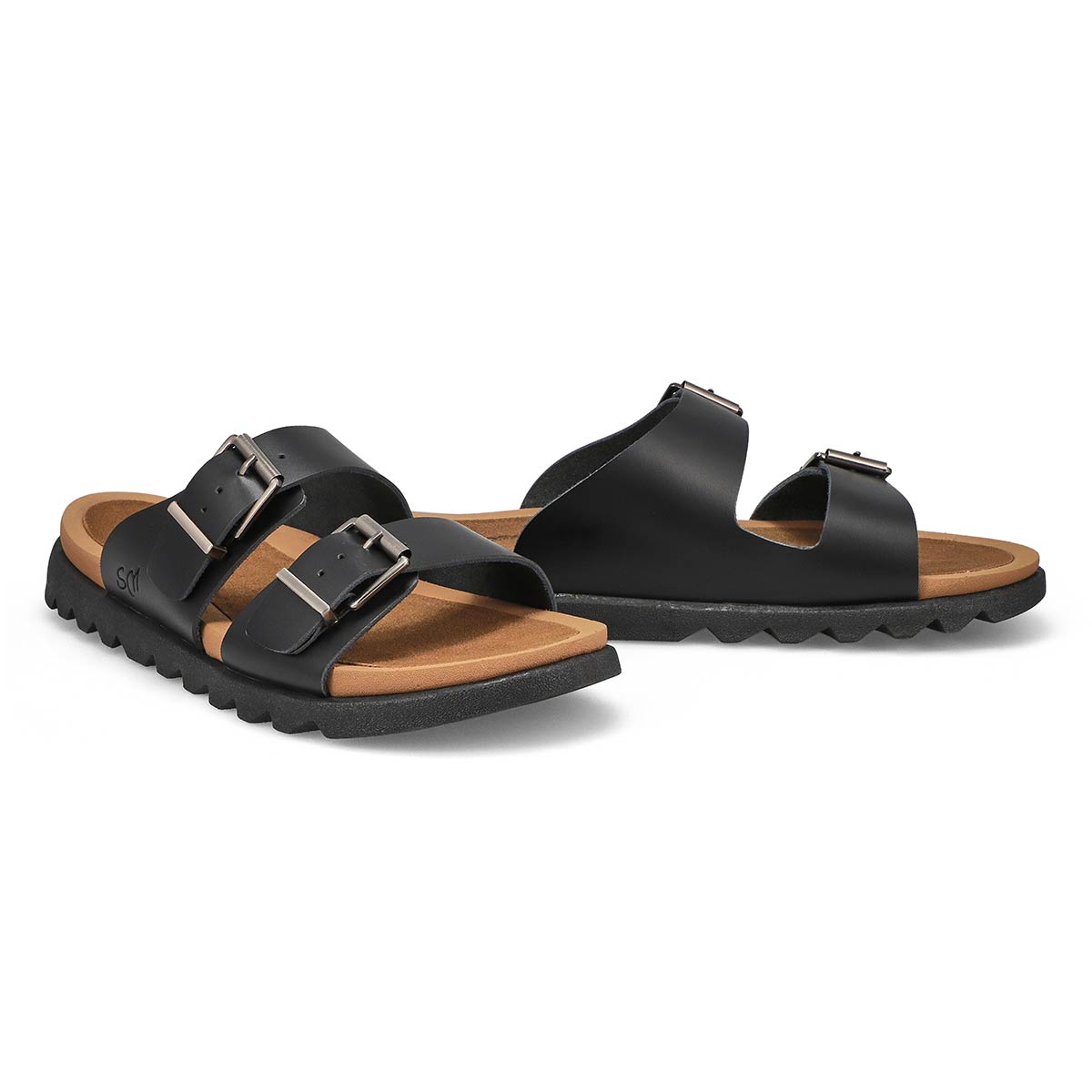 Womens Sadie Double Buckle Smooth Leather Sandal- Black