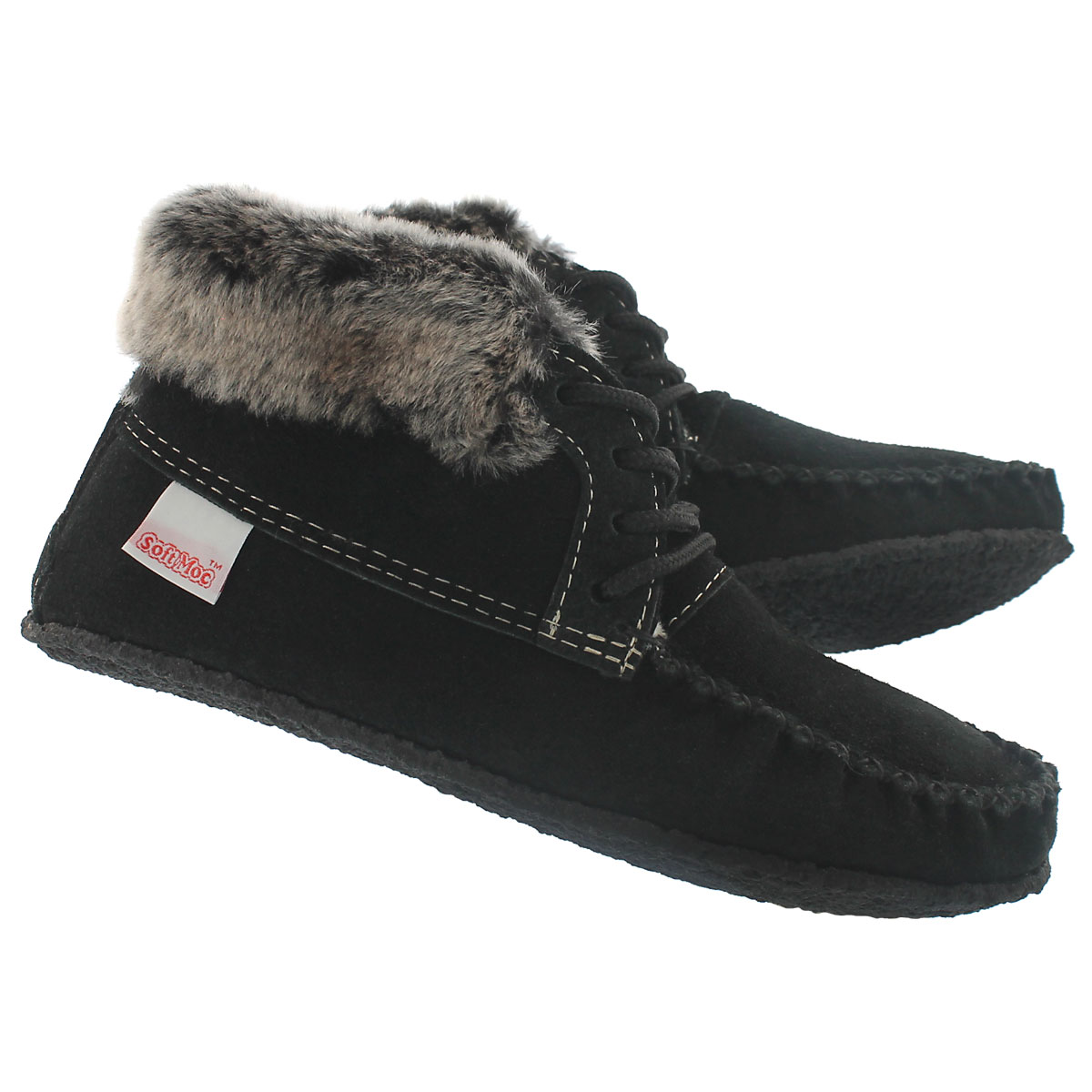 Lds hi cut black suede fur collar moc