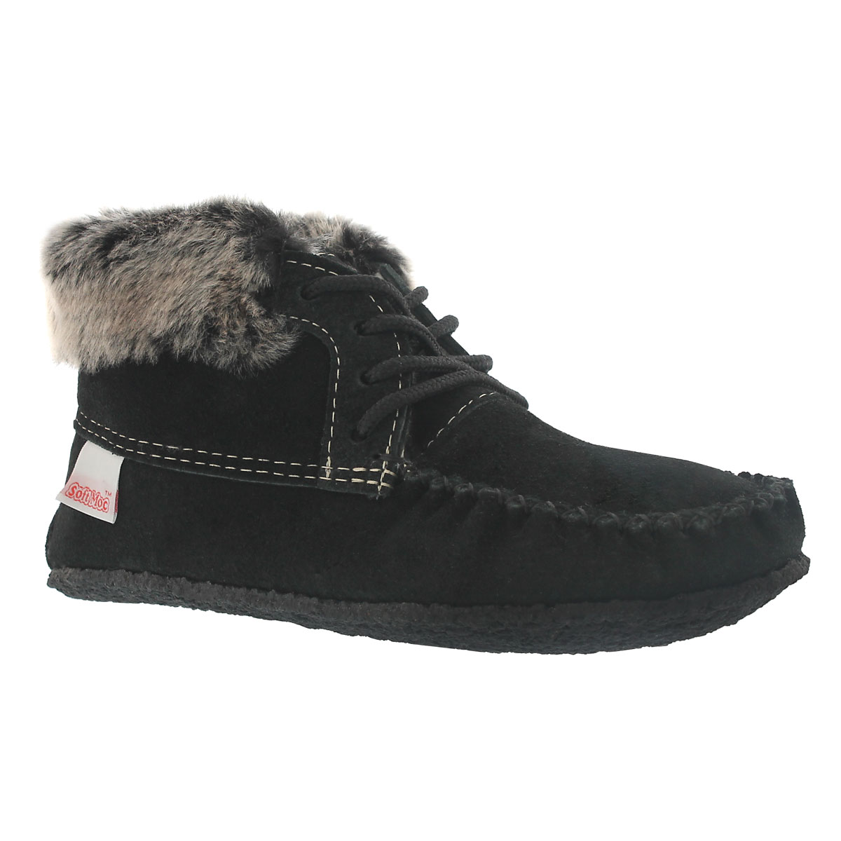 Lds hi cut black suede fur collar moc