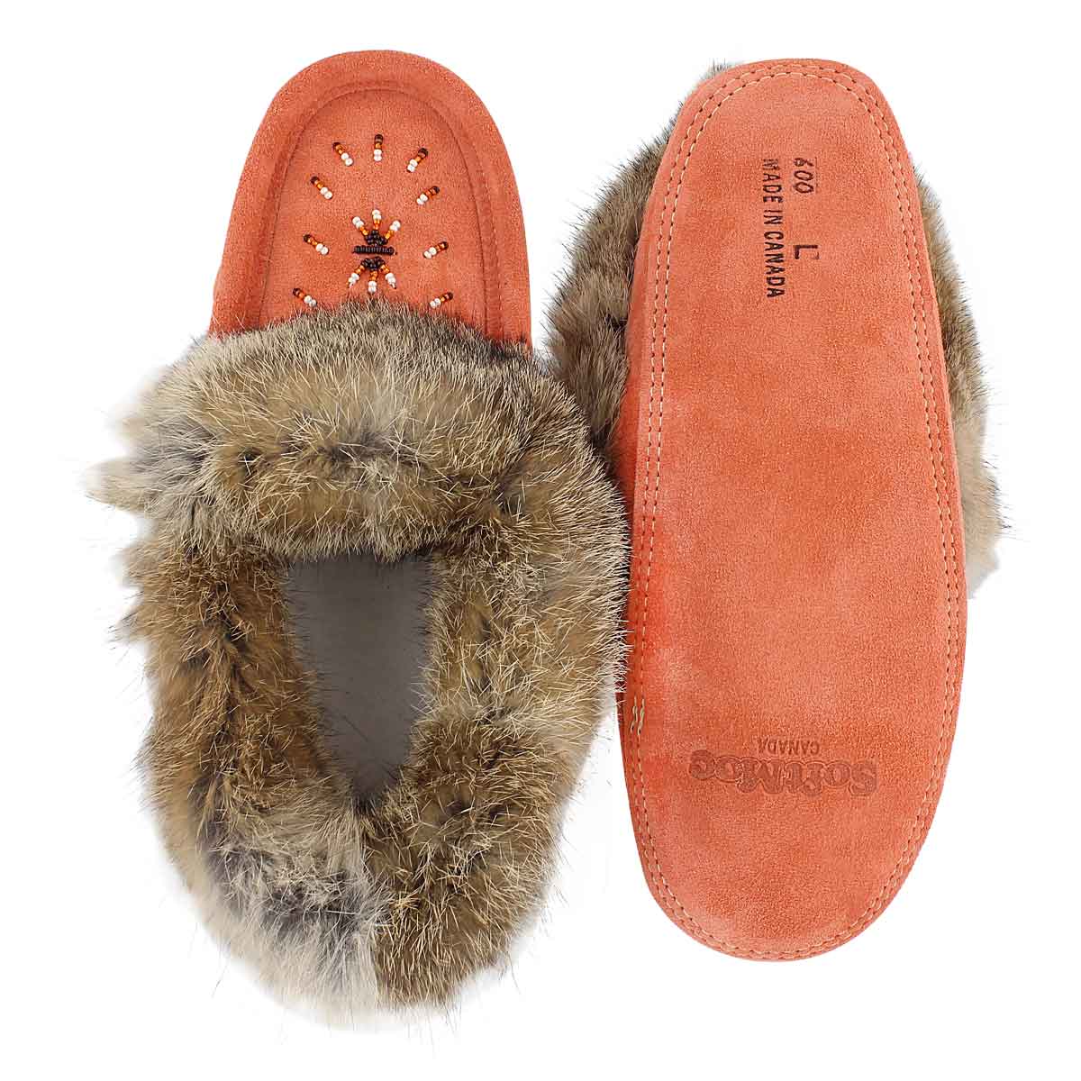 Mocassins fourrure lapin, corail, femmes