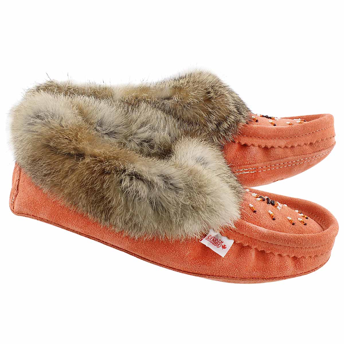 Mocassins fourrure lapin, corail, femmes