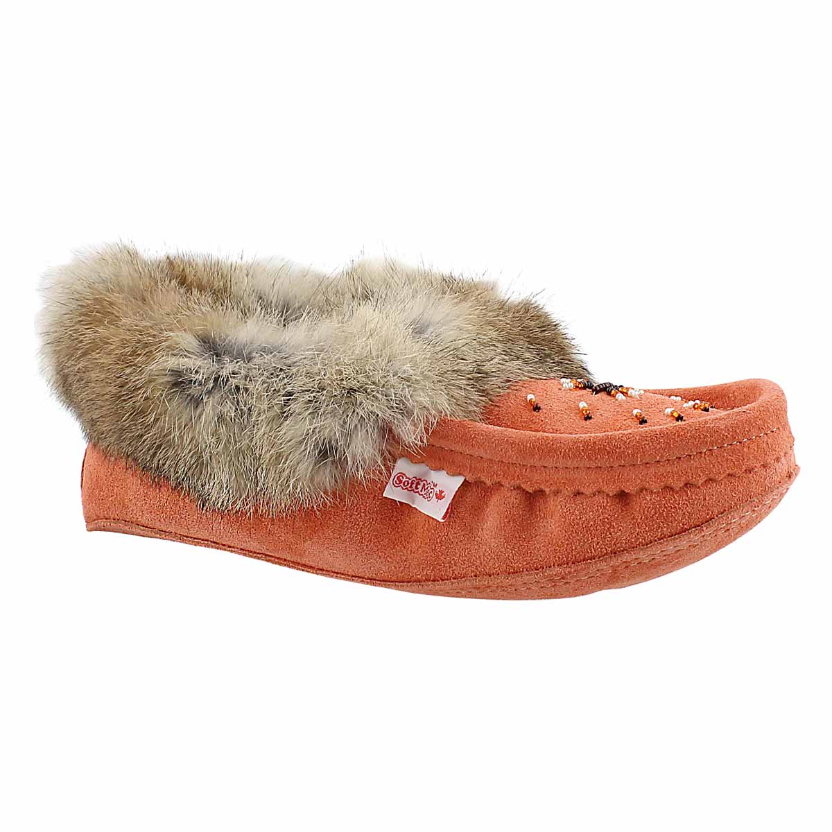 Mocassins fourrure lapin, corail, femmes