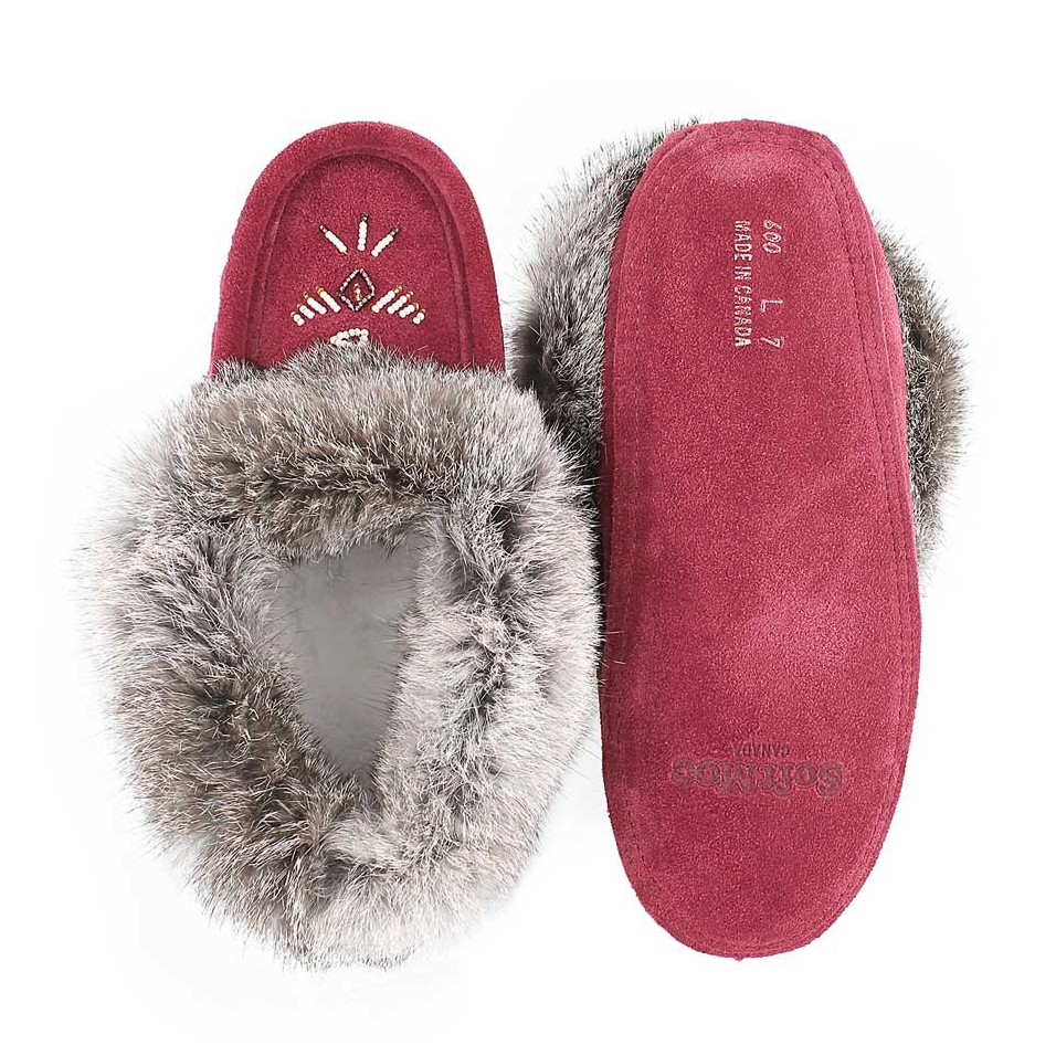 Lds burgundy rabbit fur moccasin