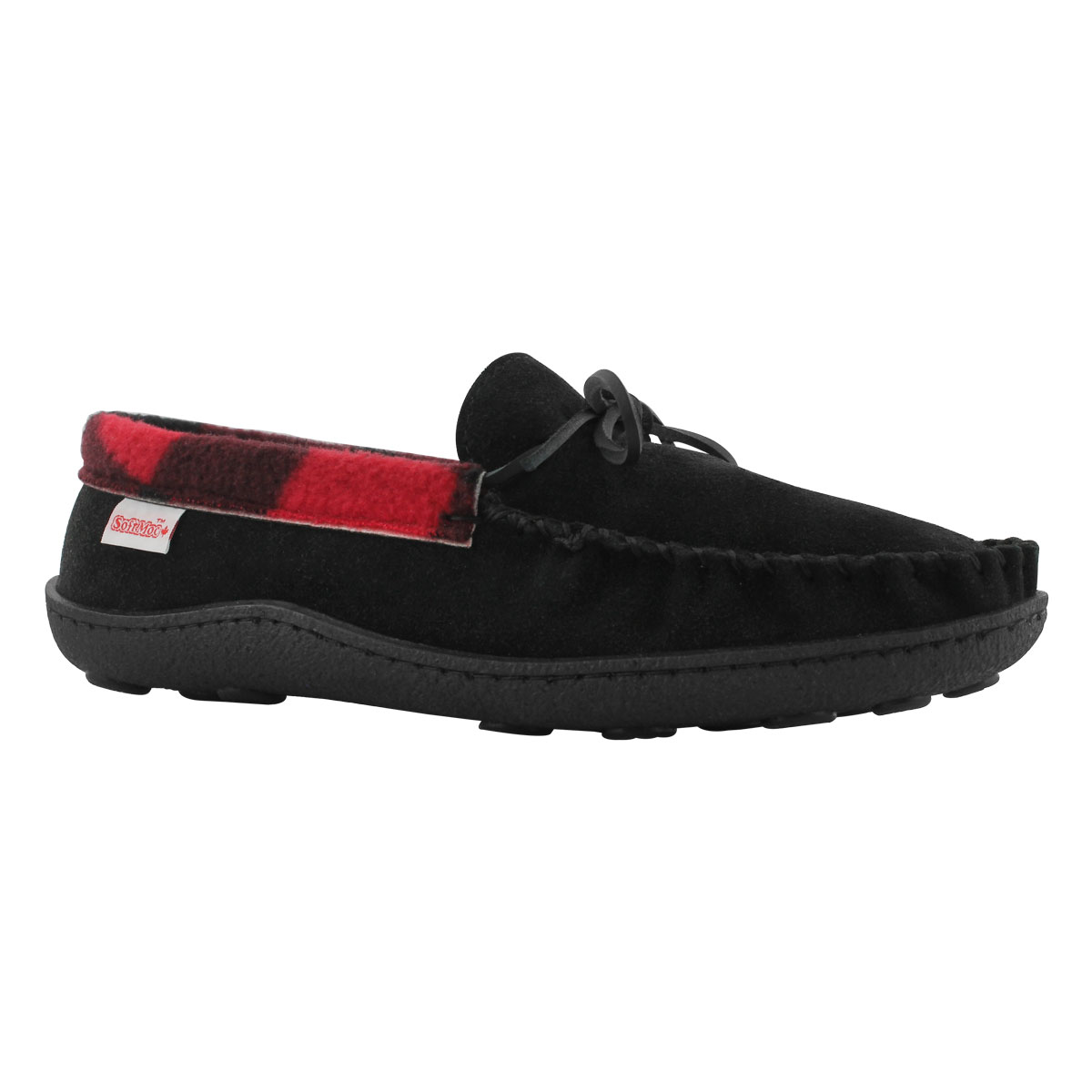 Mns blk/red plaid fleece polar moccasin