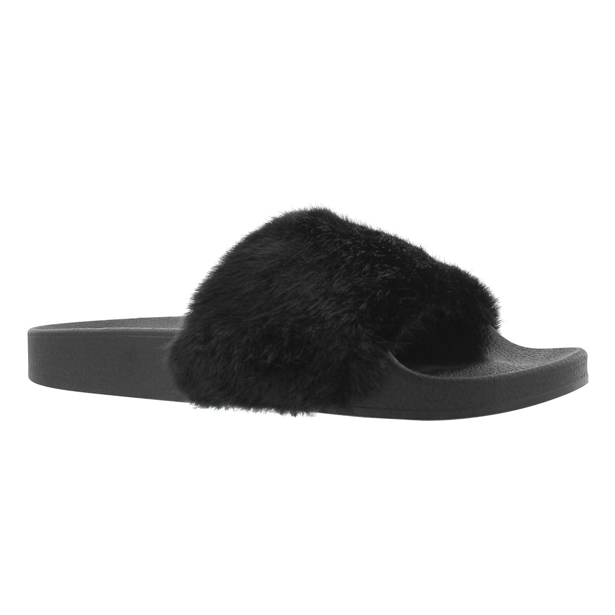 Lds Softey blk fur slide sandal