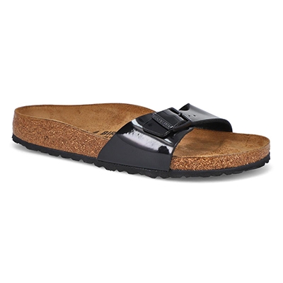 Lds Madrid Birko-Flor 1 Strap Narrow Sandal - Black Patent