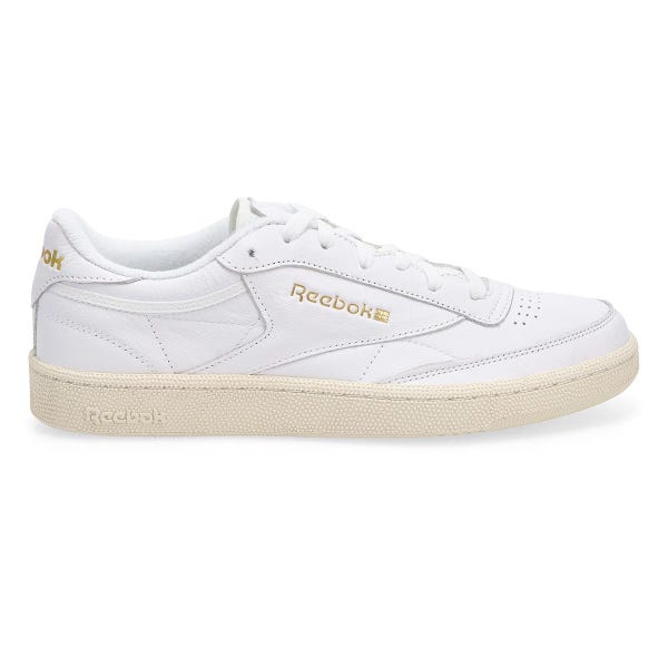 Men's Reebok Club C 85 lace-up sneaker in White/Chalk/Gold.
