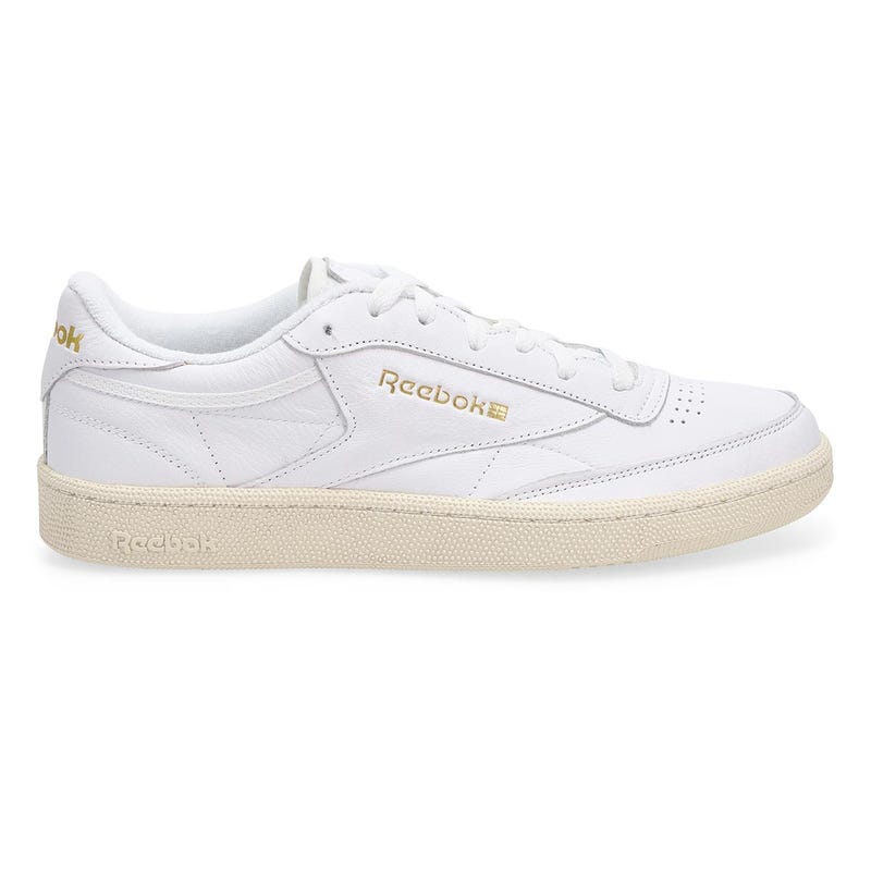 Men's Reebok Club C 85 lace-up sneaker in White/Chalk/Gold.