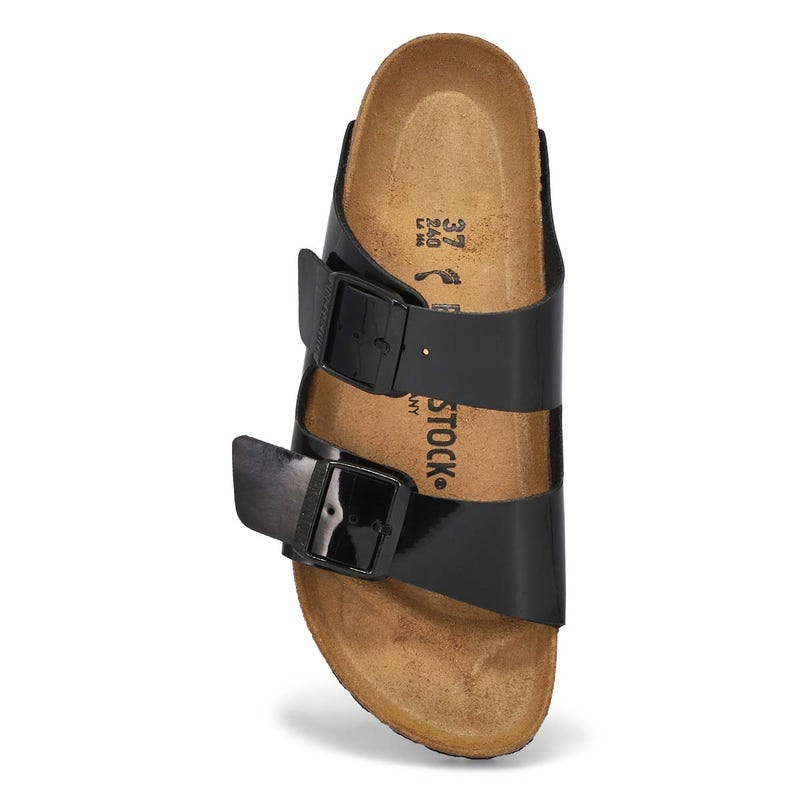 Women's Arizona Birko-Flor 2 Strap Narrow Footbed Sandal- Black Patent