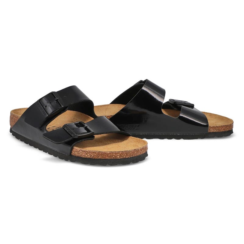 Women's Arizona Birko-Flor 2 Strap Narrow Footbed Sandal- Black Patent