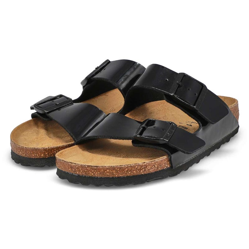 Women's Arizona Birko-Flor 2 Strap Narrow Footbed Sandal- Black Patent