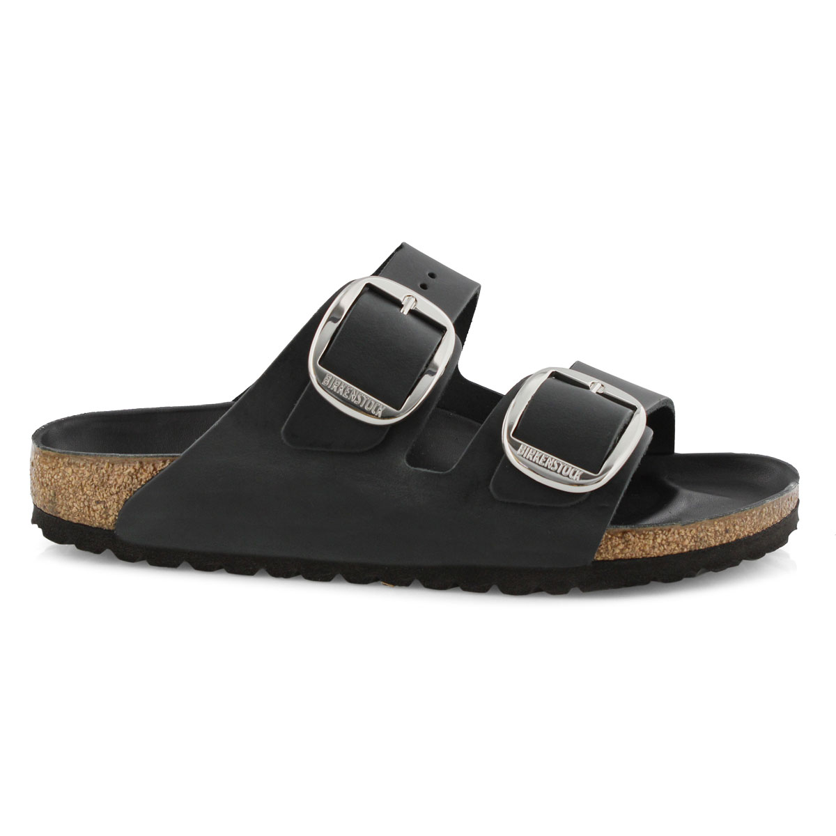 Women's Arizona Big Buckle Oiled Leather 2 Strap Narrow Sandal - Black