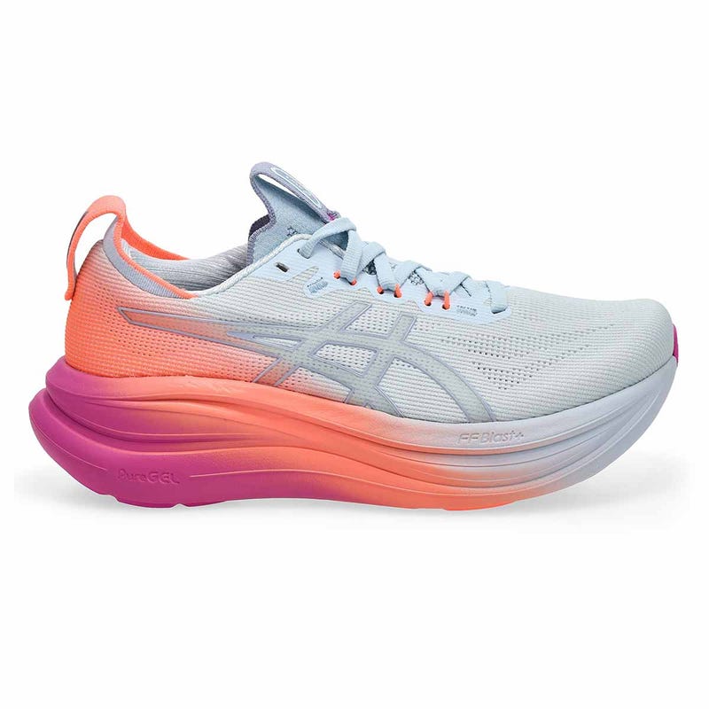 Baskets de performance GEL-NIMBUS 28 SUNNY SIZZLE, ciel/sakura numérique, femmes