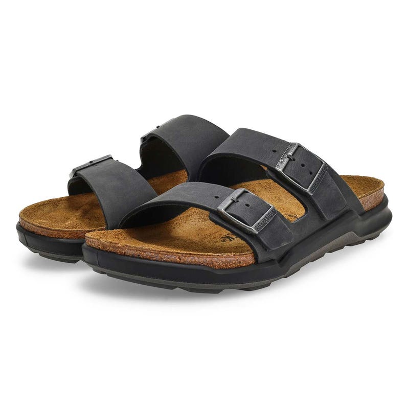 Men's Arizona Rugged Oiled Leather 2 Strap Sandal - Black