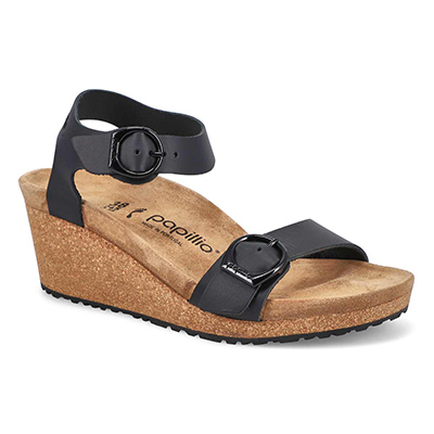 Lds Soley Leather Wedge Narrow Sandal - Black