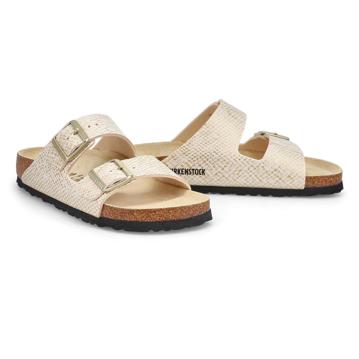 Birkenstock Arizona Eggshell Shiny Python/Gold Microfiber - Slides Sandals - Awesome Shoes