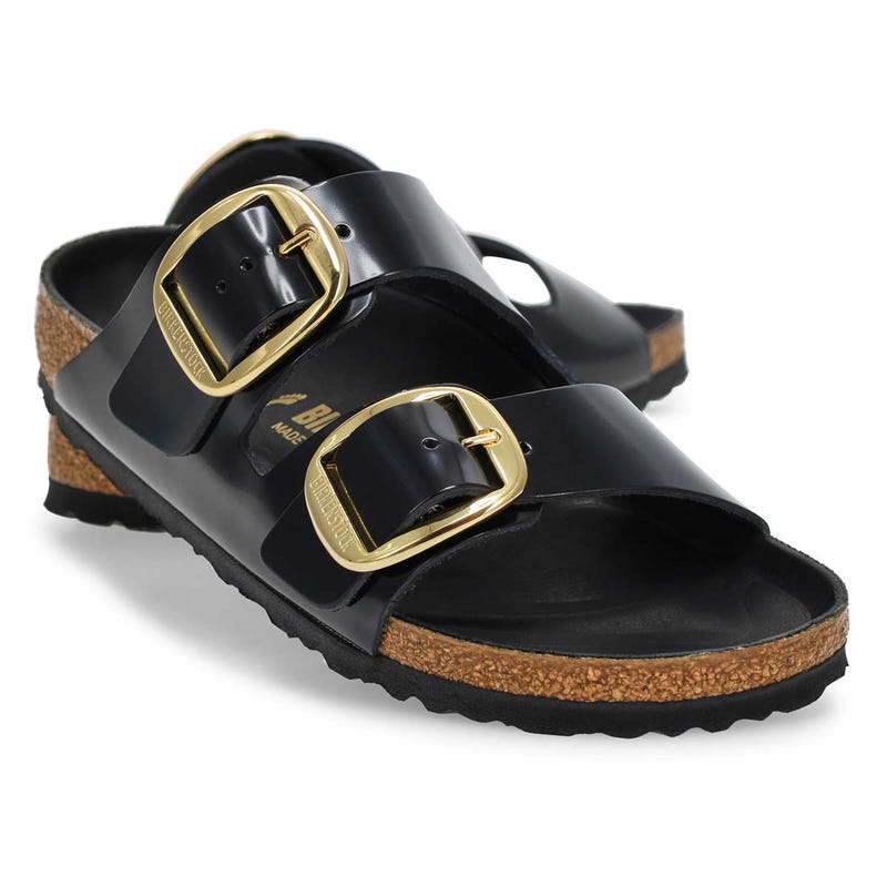 Women's Arizona Big Buckle 2 Strap Narrow Sandal -  High Shine Black