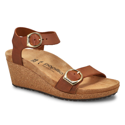 Lds Soley Leather Wedge Narrow Sandal - Cognac