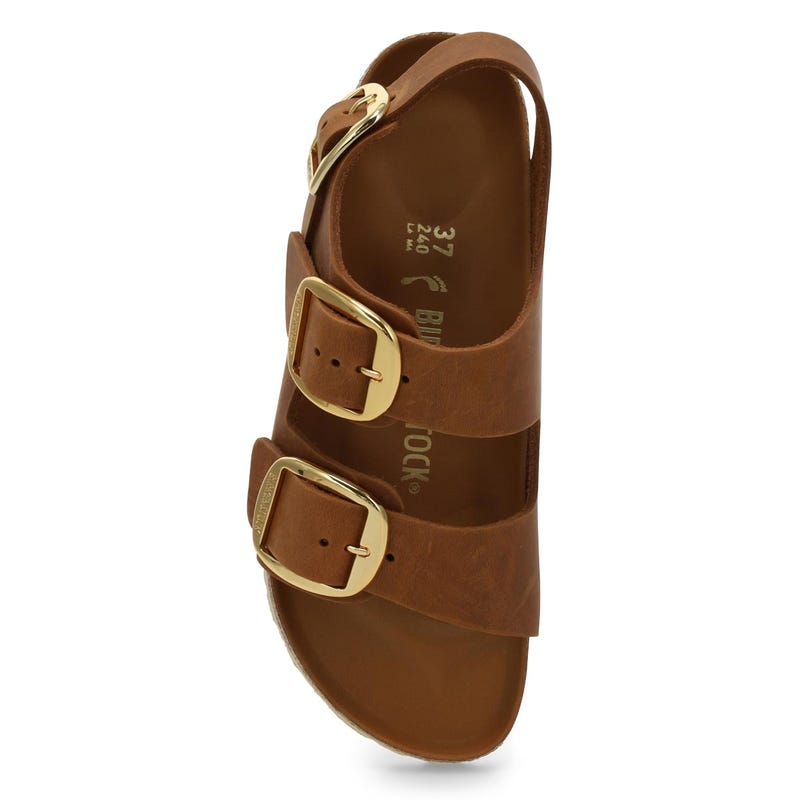 Women's Milano Big Buckle Oiled Leather 3 Strap Narrow Sandal - Cognac