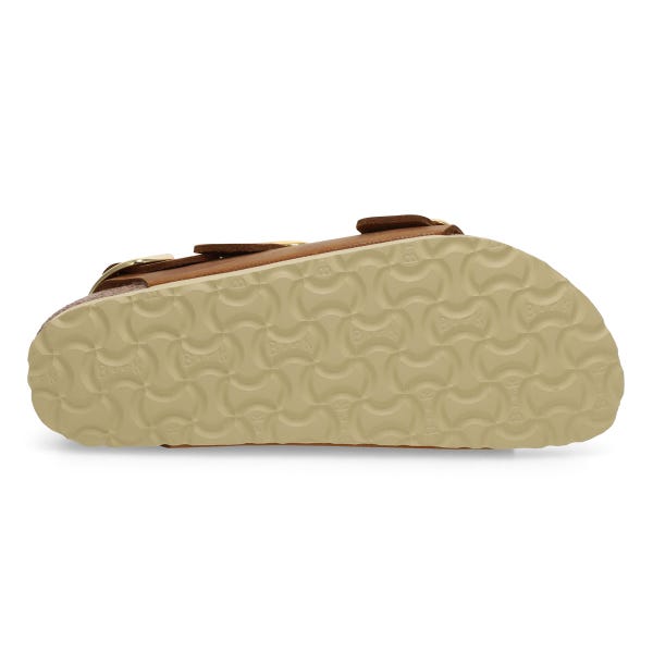 Women's Milano Big Buckle Oiled Leather 3 Strap Narrow Sandal - Cognac